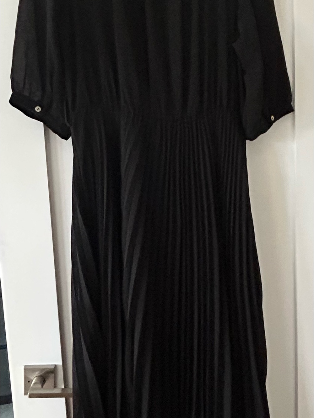 City Chic Black Dress - Sheer Top and Sleeves & Pleated Skirt, Brown Belt - Picture 9 of 14